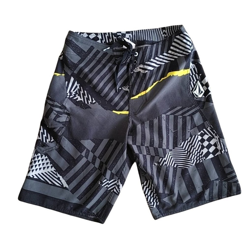 Volcom Men's Board Shorts Size 28 Gray White Black Patterned Polyester Swim Shor